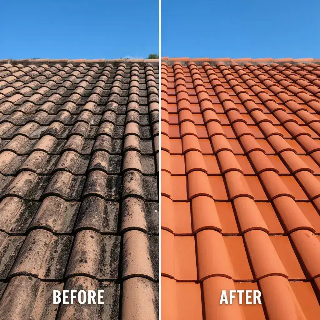 Before and after: barrel tile roof restored by low-pressure soft-wash algae and mildew removal