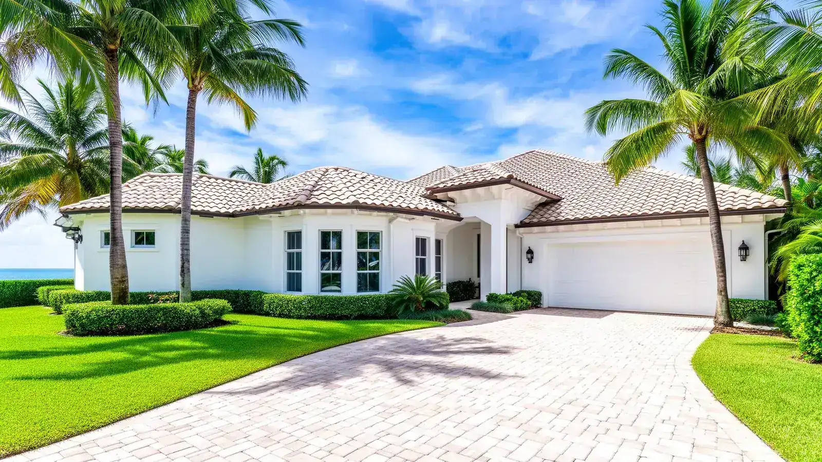 Freshly pressure-washed South Florida home with clean paver driveway, white stucco exterior, and swaying palm trees